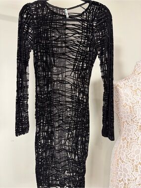 🕸️Auditions Black Sheer Mesh Long Sleeve Dress Flocked Velvet Burnout Scribble M